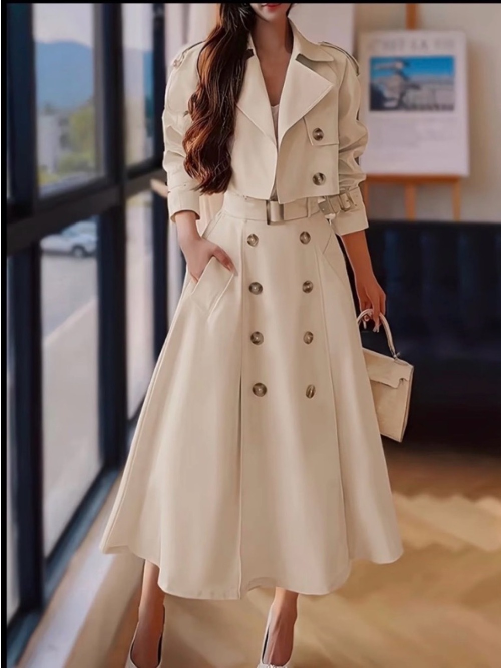 #1145  “LAST ONE” Chic Double-Breasted Trench skirt Set in Cream